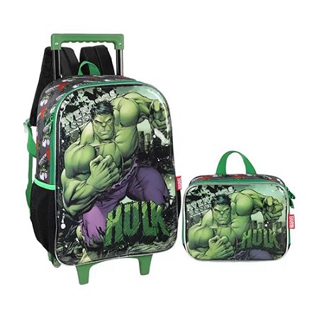 KIT Mochila de Rodinha + Lancheira Incrível Hulk Verde