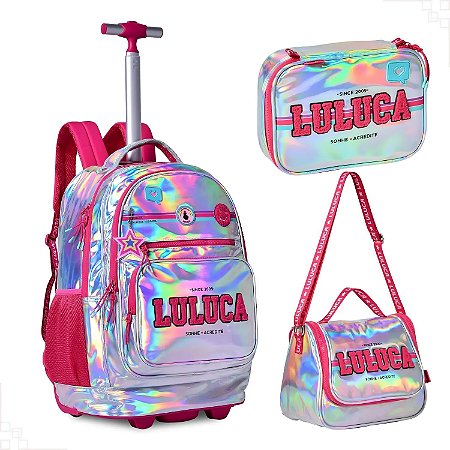 Mochila Rodinhas Luluca Holográfica + Lancheira + Estojo Box
