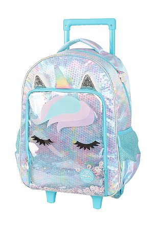 MOCHILA DE RODINHAS ESCOLAR UNICORNIO AZUL ARCO IRIS