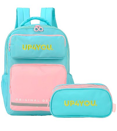 Mochila Escolar e Estojo Up4You Verde claro e rosa