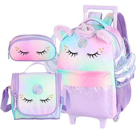 Kit escolar mochila rodinhas lancheira estojo unicornio