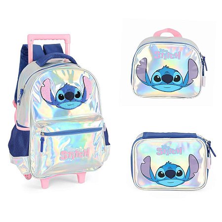 KIT Mochila Rodinhas + Lancheira + Estojo Box Stitch - Prata
