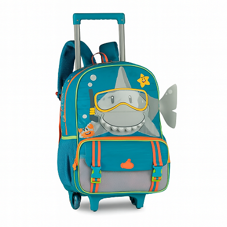 MOCHILA DE RODINHA INFANTIL MENINO TUBARÃO ESTAMPA INTERATIVA - CLIO