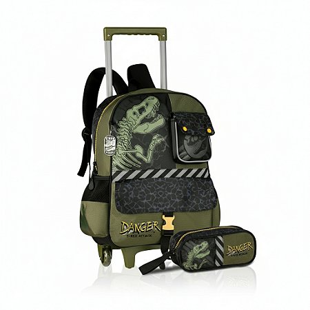 KIT Mochila de Rodinhas e Estojo 2 Divisórias T-Rex Infantil - Clio