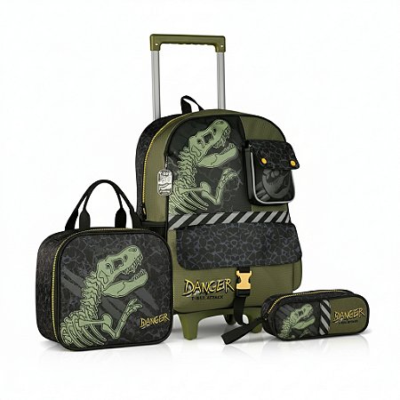 KIT Mochila de Rodinhas Lancheira Térmica e Estojo duplo T-rex - Clio