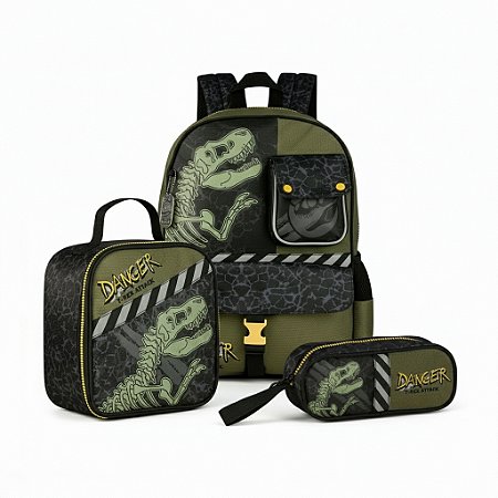 KIT Mochila Costas Lancheira Estojo Dinossauro T-Rex Clio