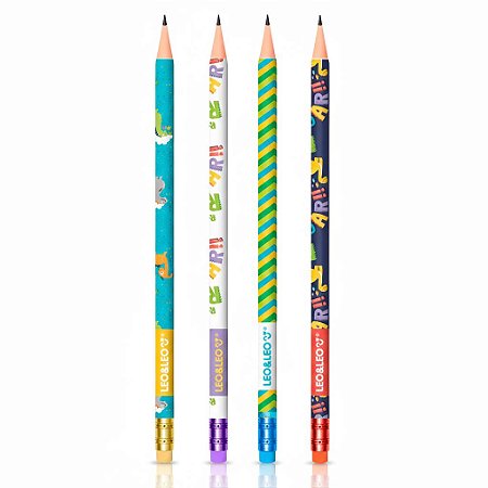 KIT 4un LÁPIS GRAFITE DINO C/ BORRACHA - LEO&LEO