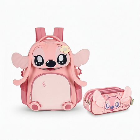 KIT MOCHILA COSTAS + ESTOJO 3 DIVISÕES ROSA STITCH - LUXCEL