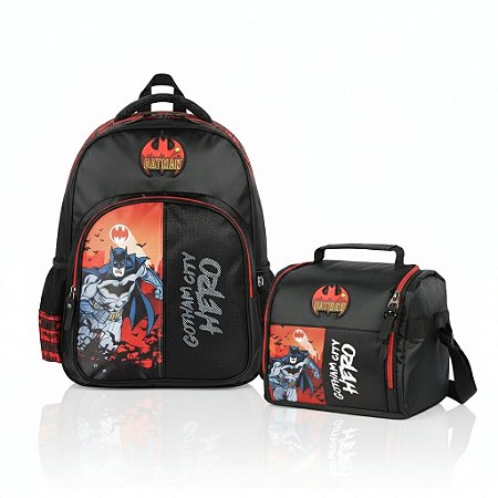 KIT ESCOLAR VERMELHO BATMAN MOCHILA COSTAS + LANCHEIRA