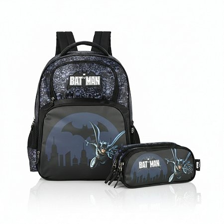 KIT PRETO BATMAN MOCHILA COSTAS+ ESTOJO 3 DIVISÕES