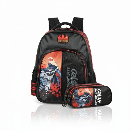 KIT VERMELHO BATMAN MOCHILA COSTAS+ ESTOJO 3 DIVISÕES