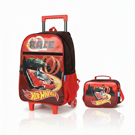 KIT ESCOLAR MOCHILA CARRINHO + LANCHEIRA HOT WHEELS VERMELHO