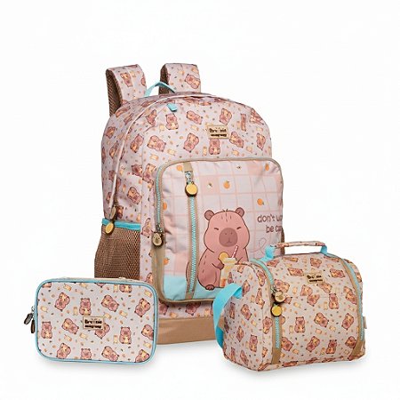 KIT MOCHILA COSTAS + ESTOJO BOX + LANCHEIRA COLLEGE BROWNIE