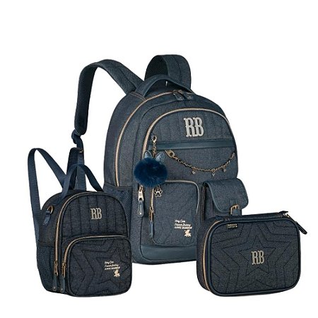 Mochila Costas Rebecca BONBON+Lancheira+ Estojo jeans Denim