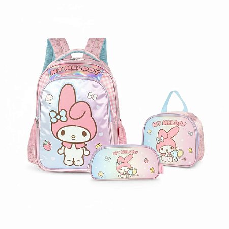 Mochila Costas Estojo3 Div Lancheira Rosa Amigos Hello Kitty