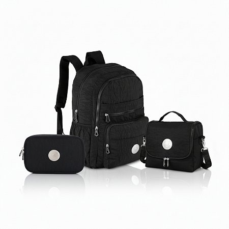 KIT MOCHILA COSTAS+ ESTOJO BOX+ LANCHEIRA TRENDY PRETA