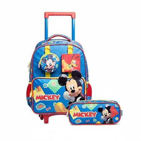 KIT Mochila Carrinho escolar + Estojo Duplo Mickey original