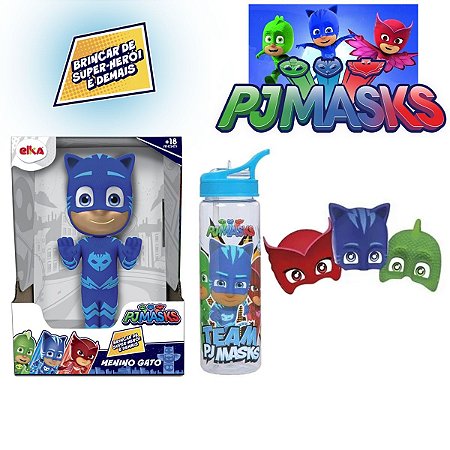 Kit Pj Masks Boneco Menino Gato Com 6 Máscaras E Garrafinha