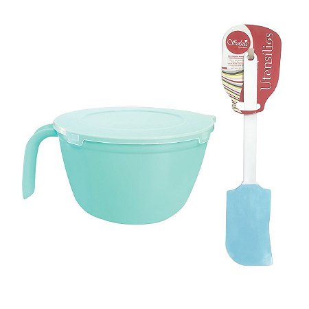 Tigela Inovar Azul Com Tampa 1,5L + Espátula de PVC Solrac