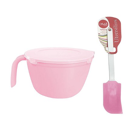Tigela Inovar Rosa Com Tampa 1,5L + Espátula de PVC Solrac
