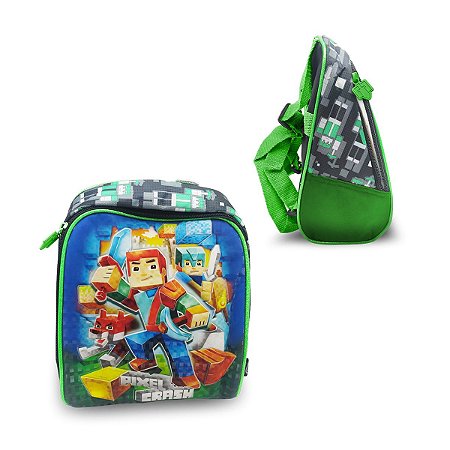 Lancheira Infantil Térmica Pixel Crash Preto E Verde Escolar