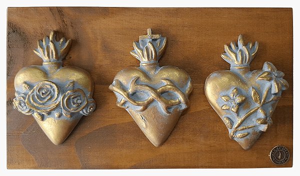 Miráculo Trio Corações da Sagrada Família Ouro Oxidado 20cm