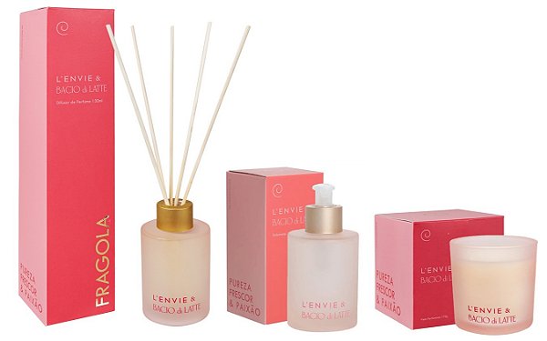 Lenvie Bacio Di Latte - Kit Difusor de Ambiente Sabonete Líquido e Vela Fragola