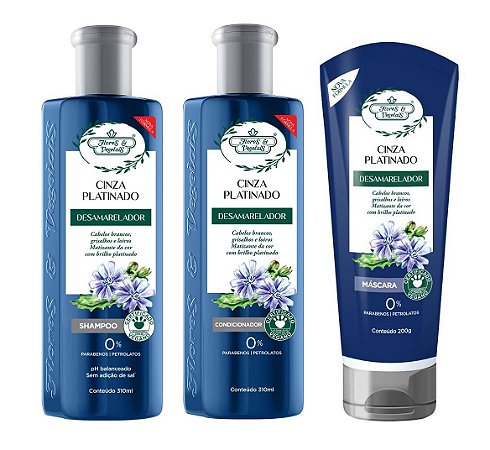 Flores e Vegetais Cinza Platinado - Kit Shampoo Condicionador e Máscara