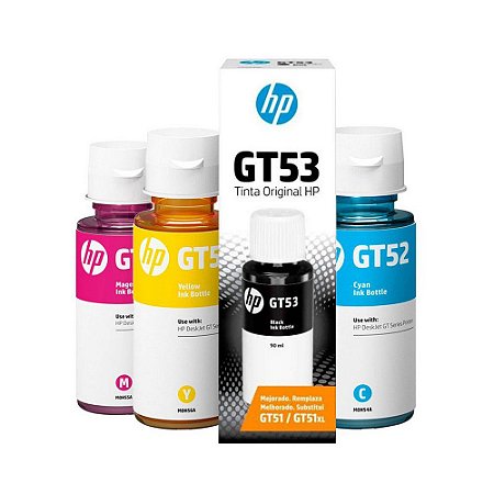 Kit 4 Cores Refil de Tinta Original HP GT53 Preto + GT52 Amarelo, Magenta e Cyan