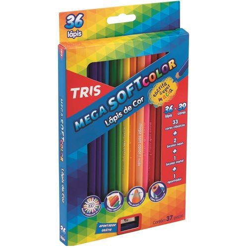 Lápis De Cor Tris Mega Soft C/36 Cores + 3 Bicolor C/4 Tons Neon + 2 Tons Metal + Apontador