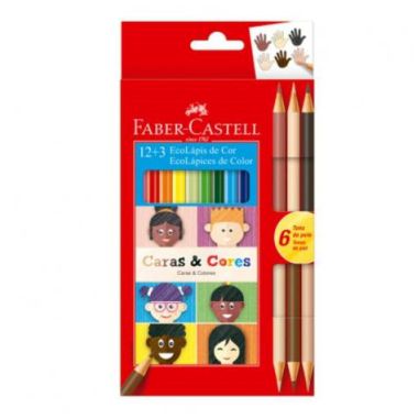 Lápis De Cor Faber Castell Caras E Cores C/12 Cores + 3 Bicolor C/6 Tons de Pele