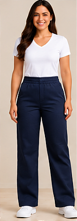 CALÇA FEMININA DE BRIM COM ELÁSTICO – PRETO, BRANCO E MARINHO | ELI UNIFORMES