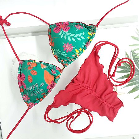 Biquíni Ripple Lacinho Floral- Verde/Vermelho