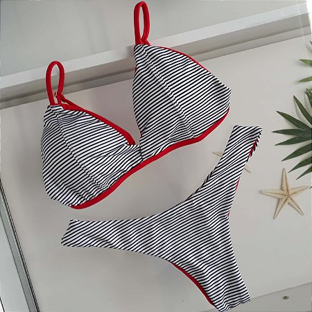 Biquíni Retrô Asa Delta Dupla- Listrado/ Vermelho