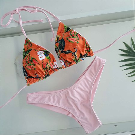 Biquíni Cortininha Dupla Fio Duplo -Floral Laranja/ Rosa bebê