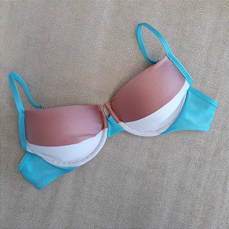 Biquíni Aro Meia Taça Asa delta Recortes -Rosê/Azul/Branco
