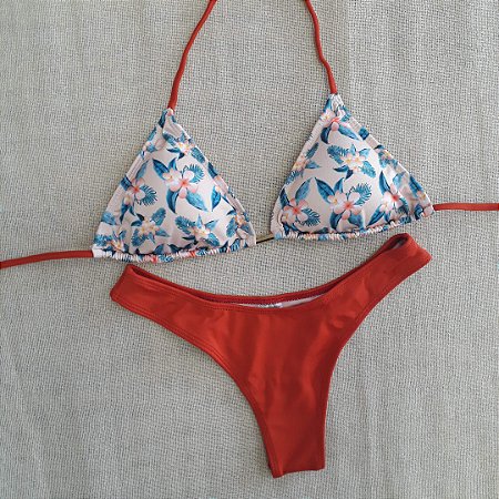 Biquíni Cortininha Fio Duplo - Floral/Terracota
