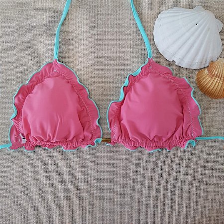 Top Biquíni Ripple Frufru Dupla Face - Rosa e Verde Agua - P