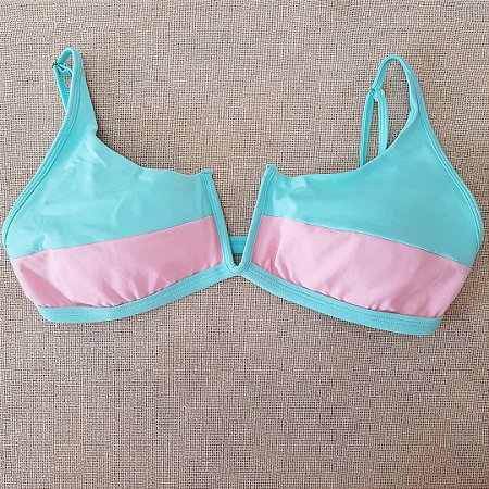 Top Biquíni Aro V Aças de Regulagem - Verde e Rosa Bebê
