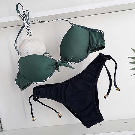 Biquíni Tomara que Caia 2 tiras - Verde/ Preto