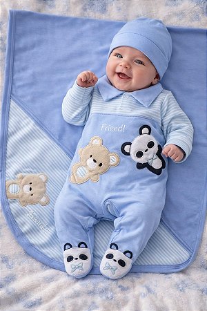 Saída Maternidade Suedine Otolna My Baby Azul Bebê Urso