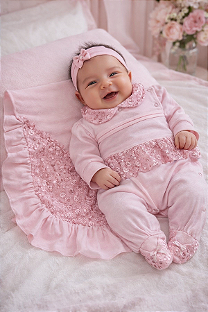 Saída Maternidade Malha Otolina my Baby Renda Flor Rosa