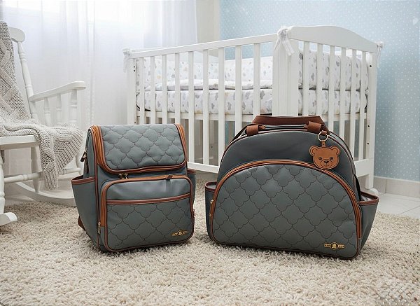 Kit Bolsa Maternidade + Mochila Lud Baby 2 peças Cinza/Marrom