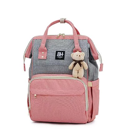 Mochila Maternidade Impermeável BH Travel Cinza com Rosa