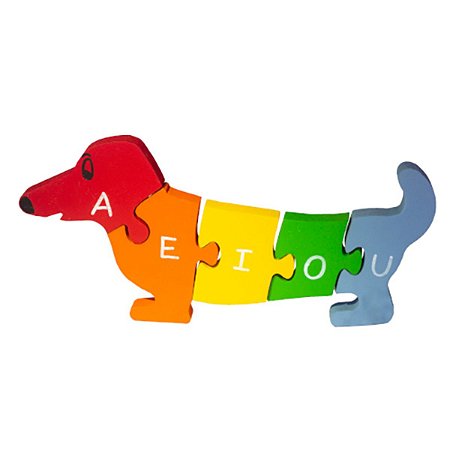Quebra-Cabeça Educativo em Madeira com Vogais e Números - Cachorro