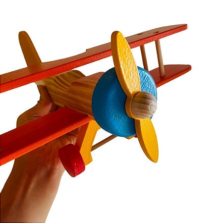 Avião Biplano Laranja de Madeira  - Brinquedo Educativo