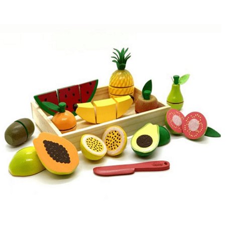 Kit com 11 Frutinhas com Corte + caixote + faquinha + tábua: Brinquedo Educativo de Madeira
