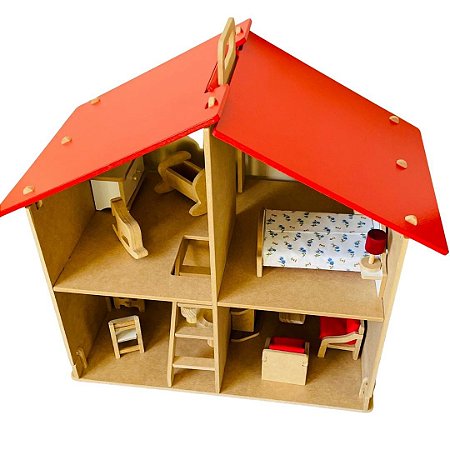 Casa de Boneca Desmontável com Móveis - Brinquedo Educativo Madeira - Ioiô  de Pano Brinquedos Educativos