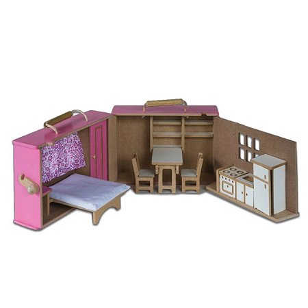 Casinha Maleta de Madeira Rosa  - Casa Brinquedo Educativo (Casa de Boneca)