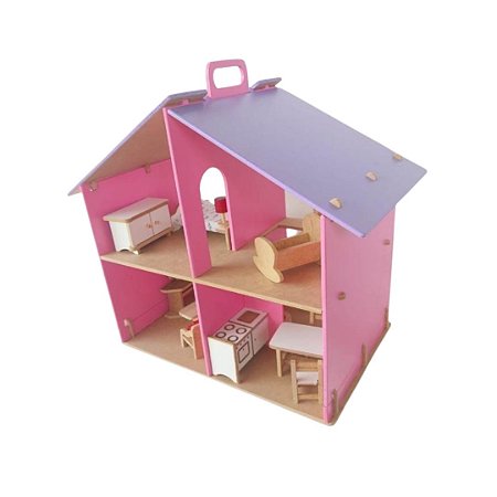 Casa de Boneca Desmontável com Móveis Colorida - Brinquedo Educativo Madeira